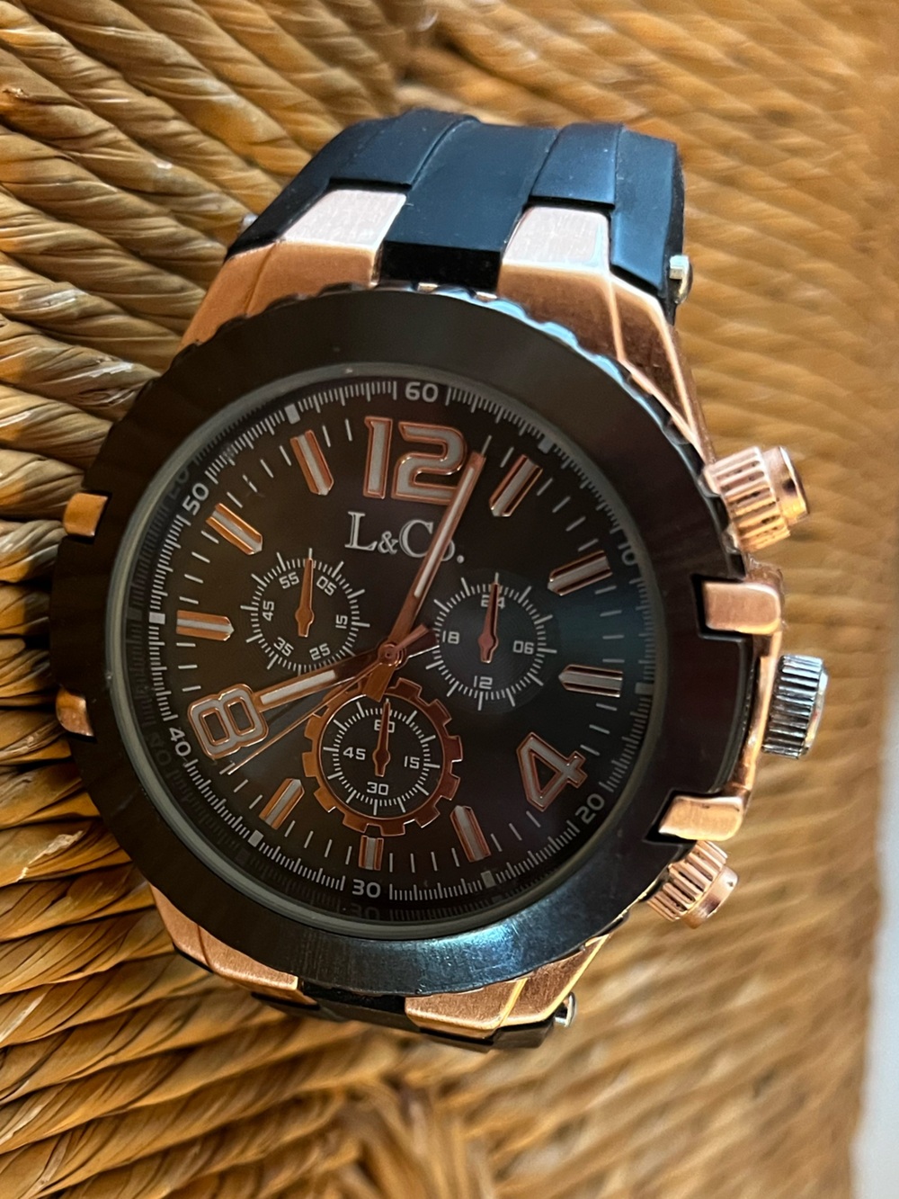 L&Co. Timepieces Black Rose Gold Chronograph Style Watch LCW2003